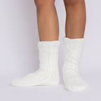 The Foozie™ Move in White, front view of both feet showing the diamond cable knit