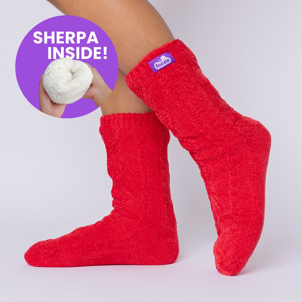 The Foozie™ Move in Red, side view on foot with a 'Sherpa inside' badge showing the lining
