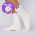 The Foozie™ Move in White, side view on foot with a 'Sherpa inside' badge showing the lining