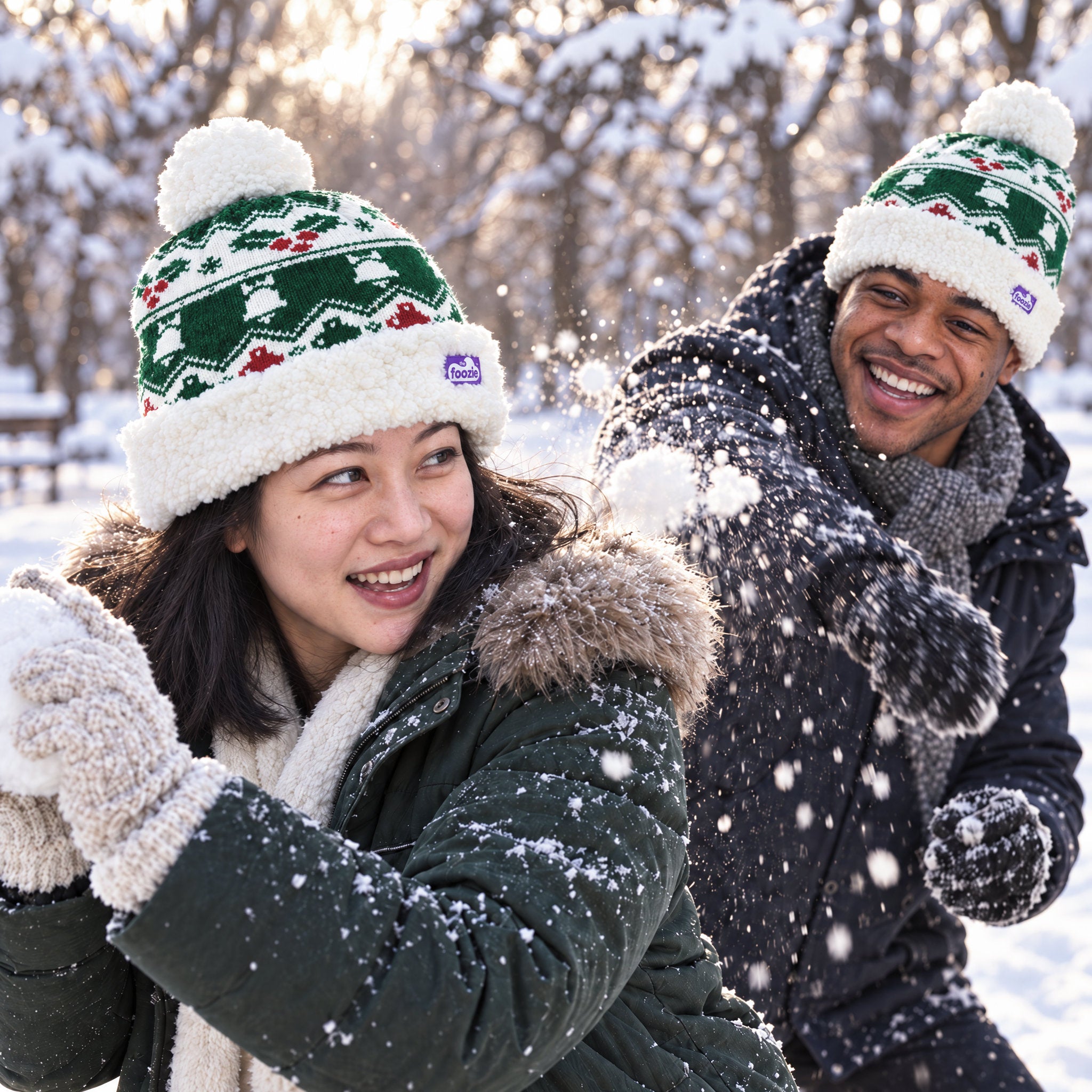 The Foozie™ Holly Christmas Beanie, in a snowball fight