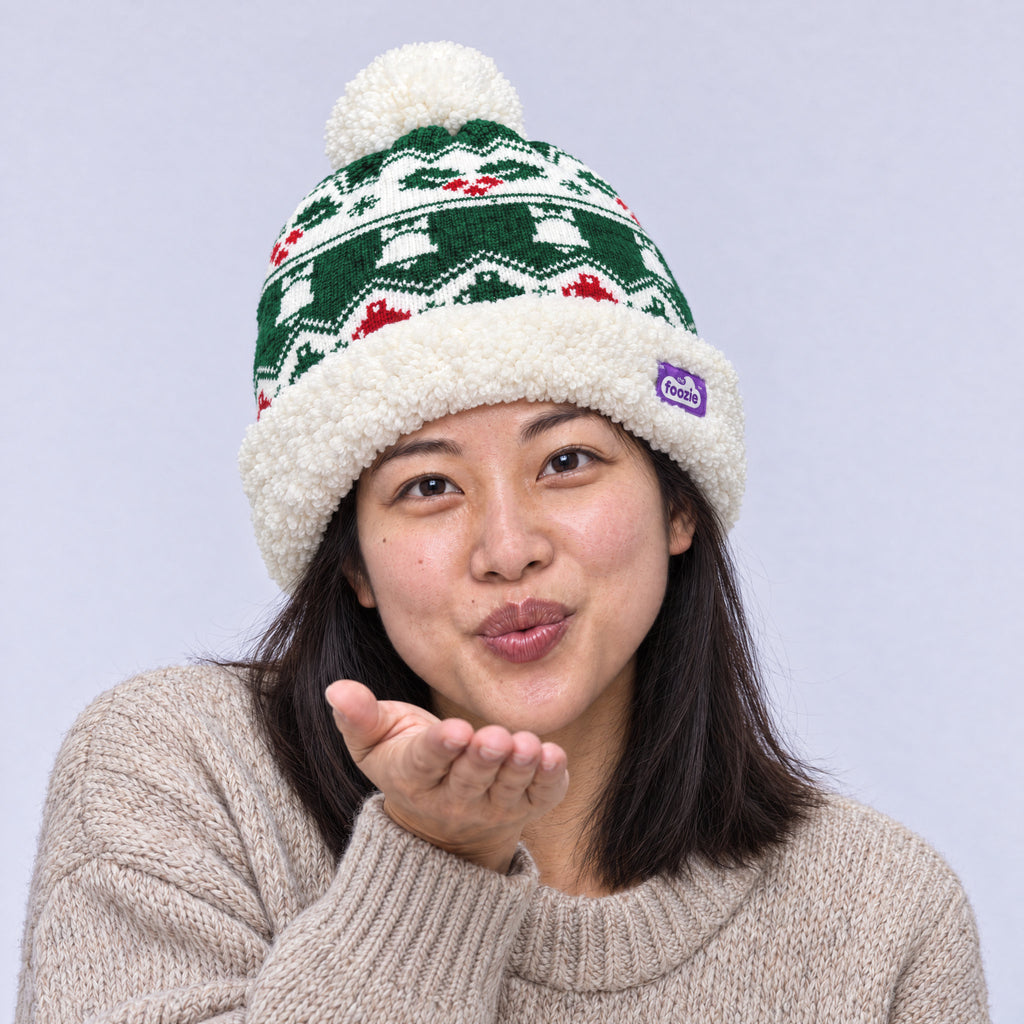 The Foozie™ Holly Christmas Beanie, worn by a woman