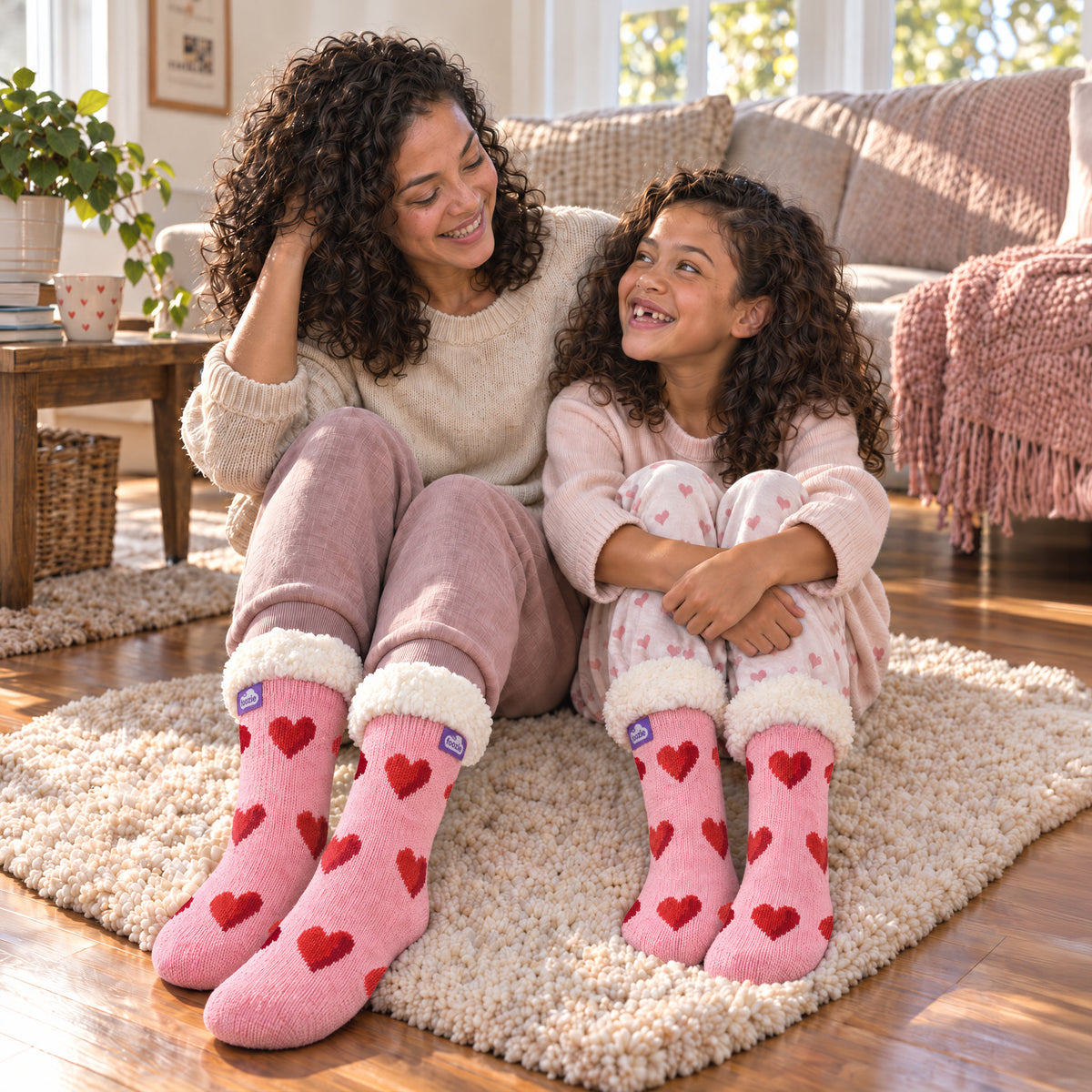 The Foozie™ Love Heart slipper socks, on a fluffy rug