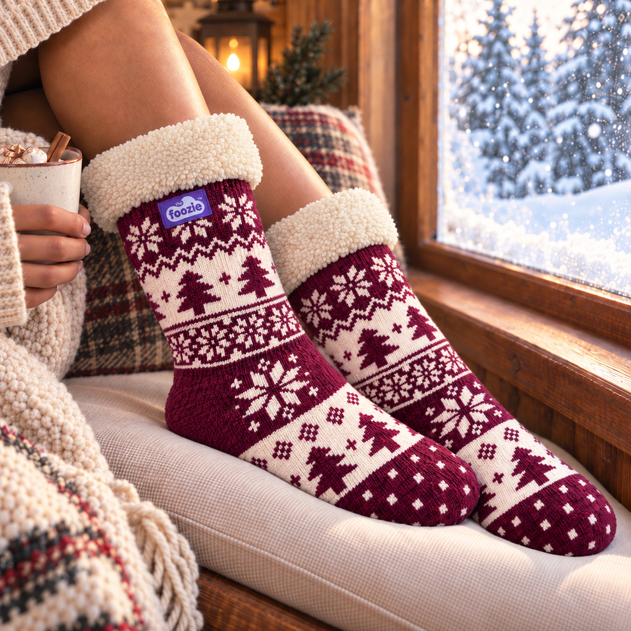 The Foozie™ Christmas Nordic slipper socks, on a window seat