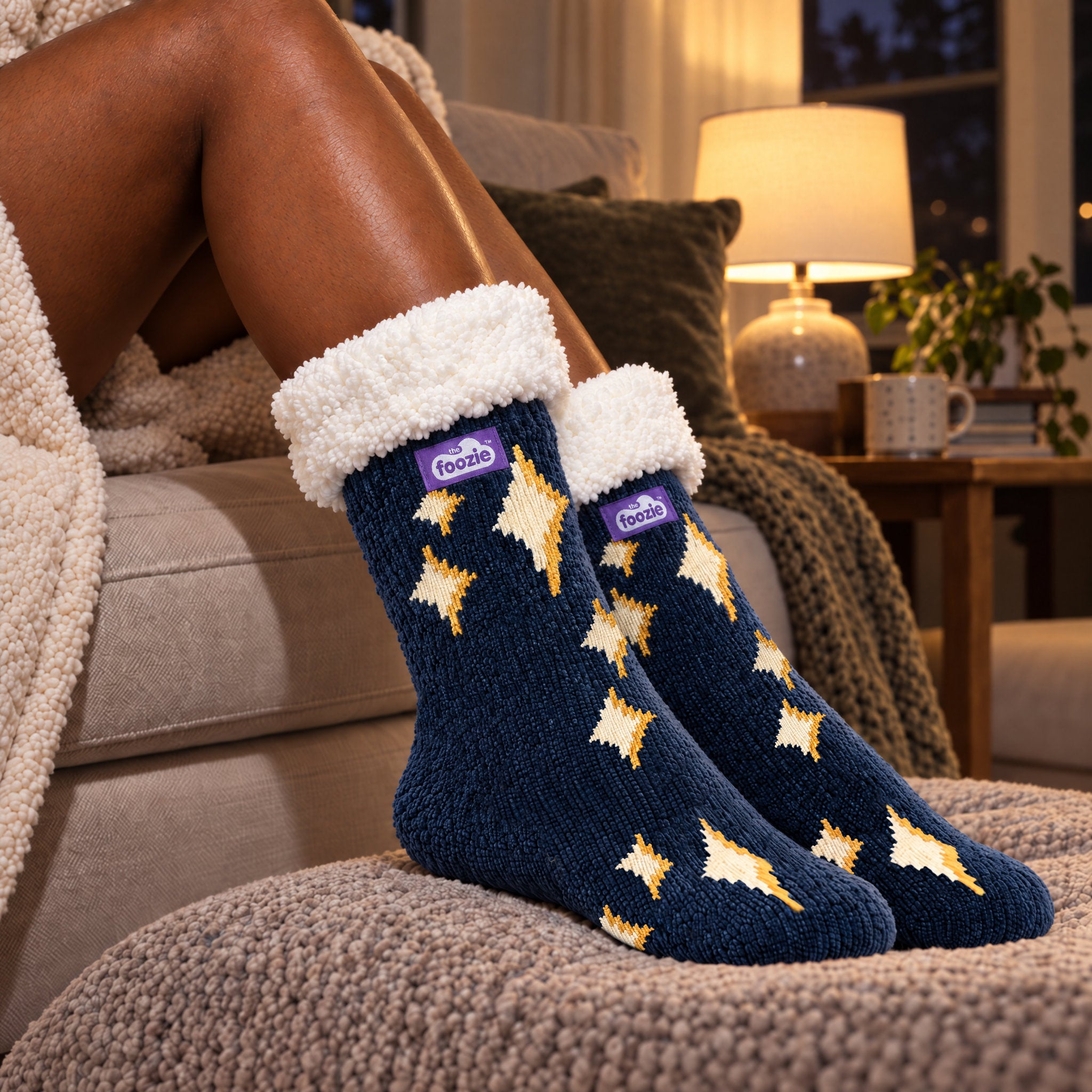 The Foozie™ Sparkles slipper socks, by lamplight
