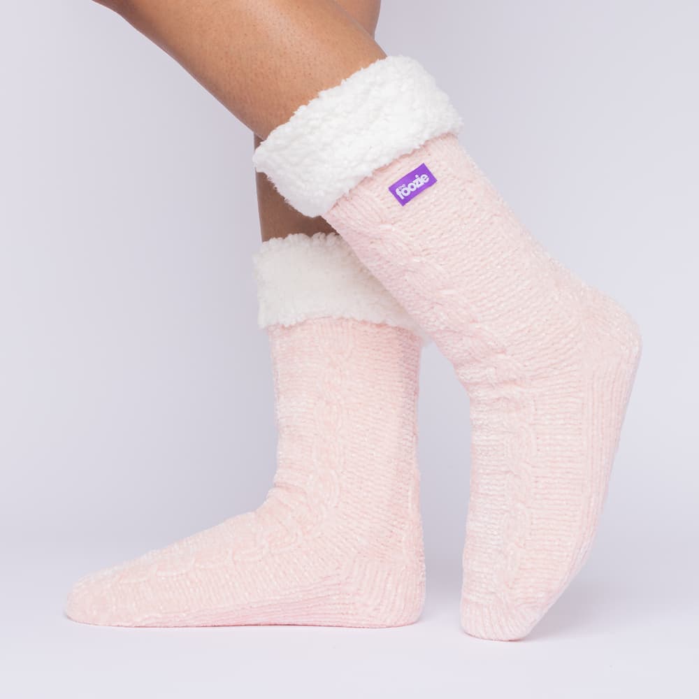 The Foozie™ in Pink, side view worn in Medium with the sherpa cuff folded down