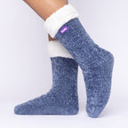 The Foozie™ in Blue, side view worn in Medium with the sherpa cuff folded down