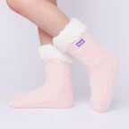 The Foozie™ in Pink, side view worn in Kids/Small with the sherpa cuff folded down